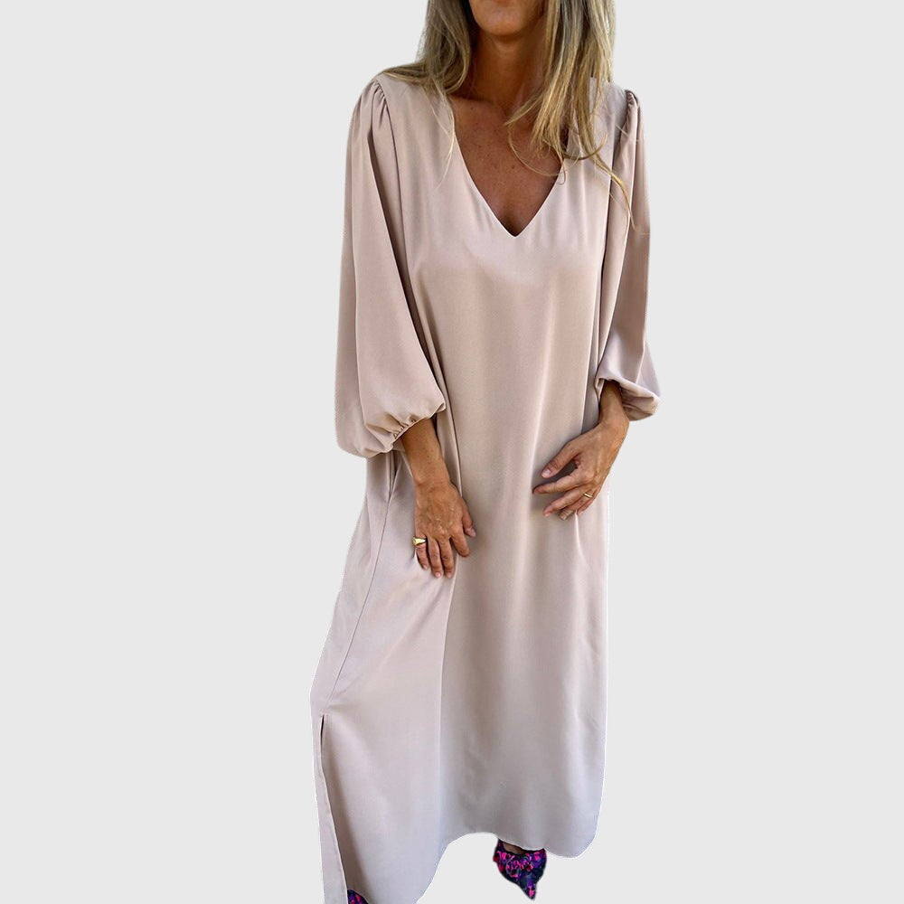 Satin V-Neck Lantern Sleeve Side Split Maxi Dress