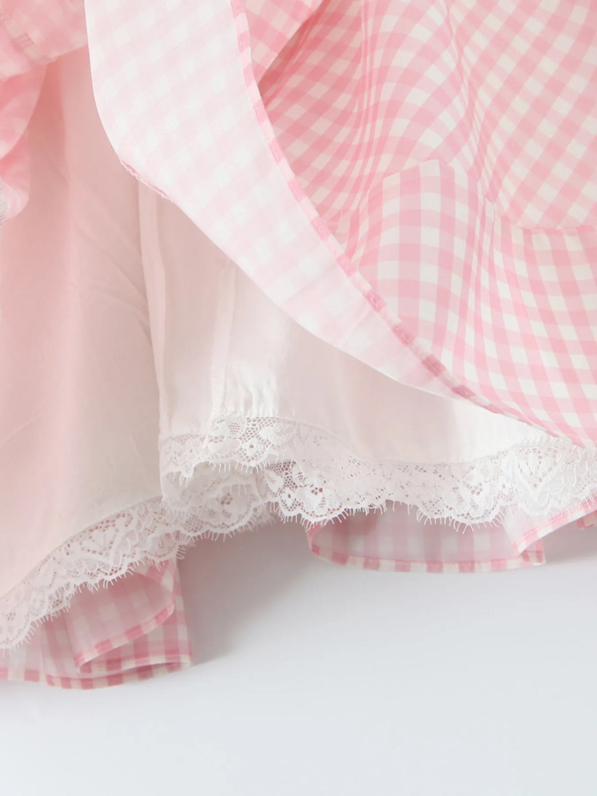 Gingham V-Neck Puff Sleeve Bow Button Front Lace Trim Mini Dress 11