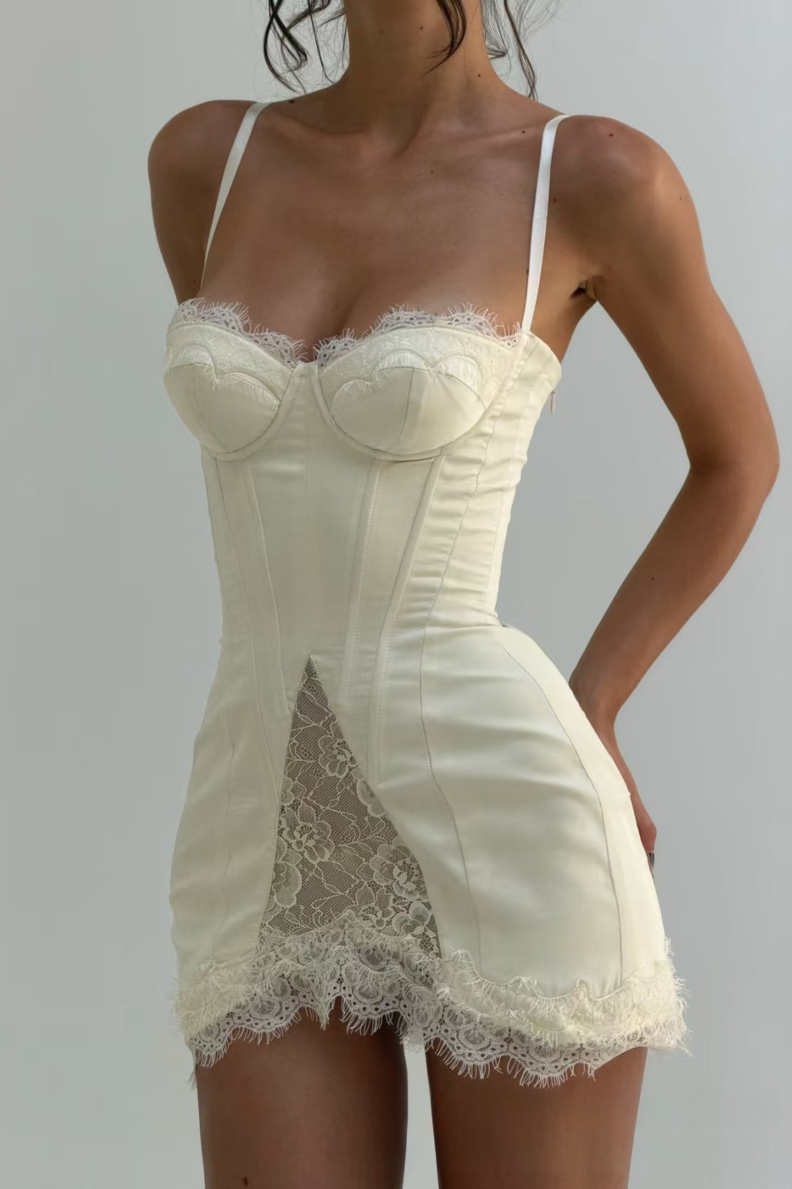 Satin Lace Ruffle Strapless Mini Dress