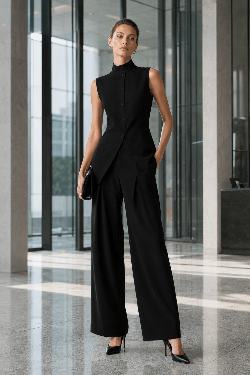 Drape Sleeveless Shirt Elegant Two Piece Work Set