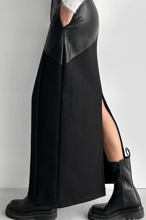 PU Leather Panel High Waist Slit Skirt