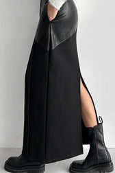 PU Leather Panel High Waist Slit Skirt