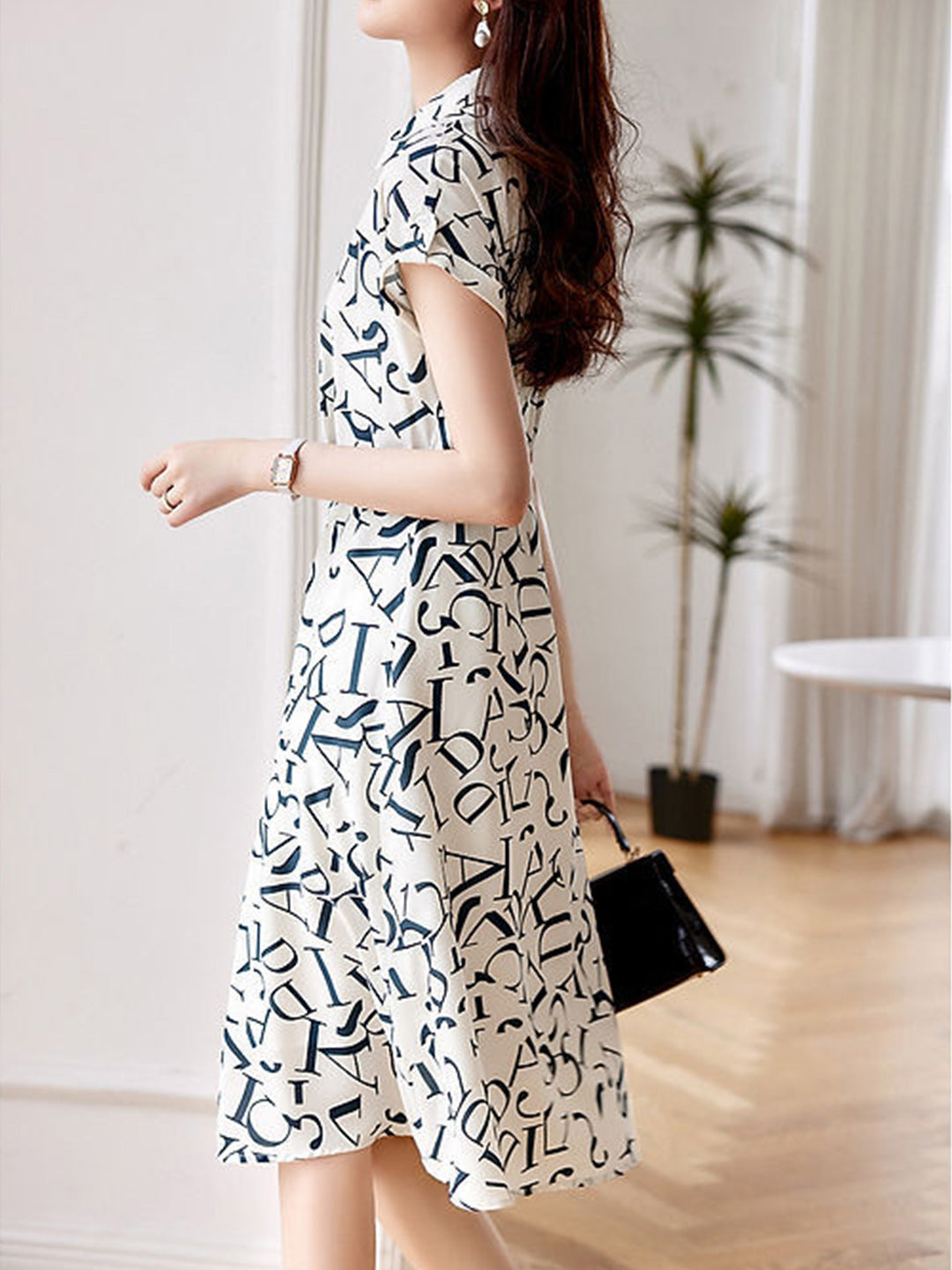 Letter Print Button Down Shirt Collar Cap Sleeve Belted Midi Dress