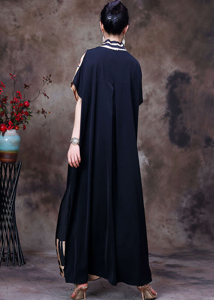 Satin Mixed Print Wrap Deep V-Neck Short Sleeve Tie Waist Maxi Dress