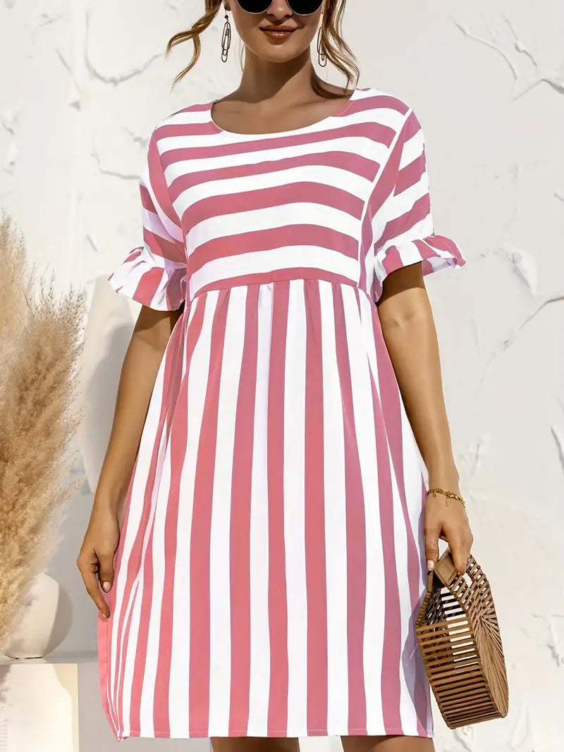 Striped Round Neck Ruffle Short Sleeve Empire Waist Smock Dress 8