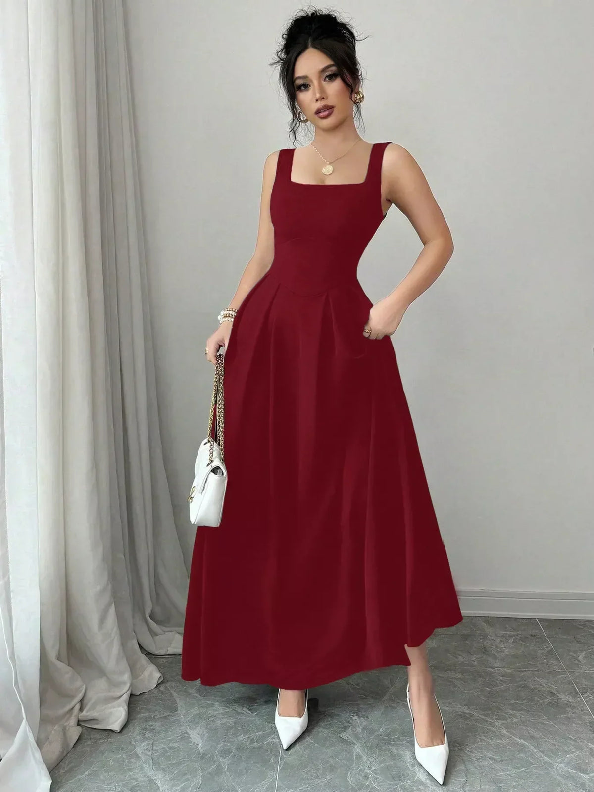 Square Neck Wide Strap Sleeveless Pleated A-Line Maxi Dress with Pockets