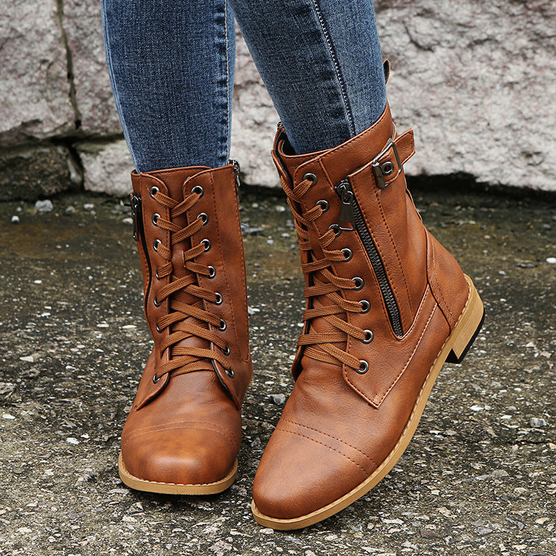 Lace Up Side Zip Buckle Block Heel Combat Boots