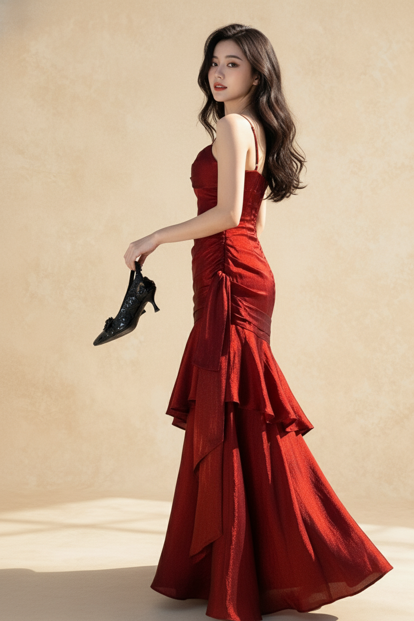 Satin Spaghetti Strap Ruched Tiered Ruffle Maxi Party Dress 2