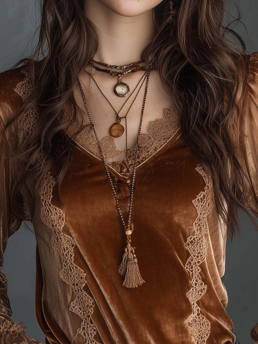 Caramel Velvet Lace Sheer Lantern Sleeve Top