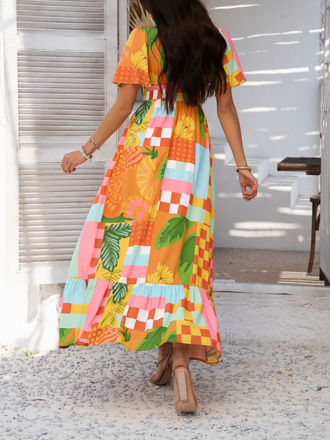 Geometric Tile Print V-Neck Short Sleeve Smocked Waist Ruffle Hem Maxi Dress 14