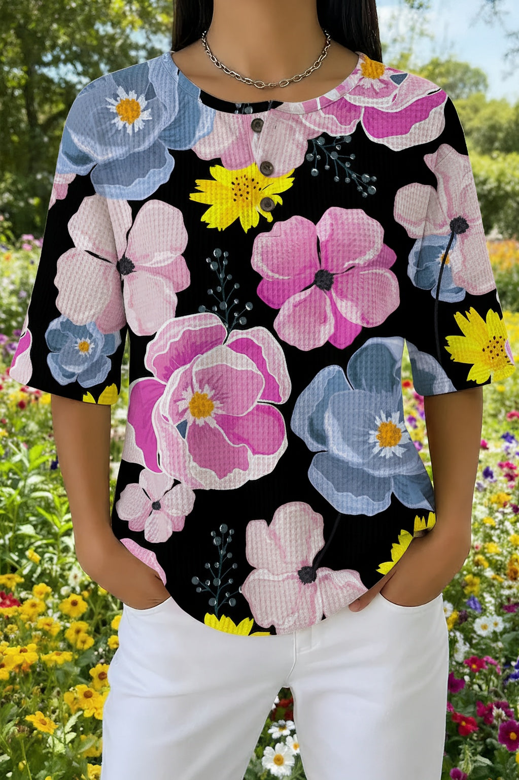 Womens Black Multi-Color Floral Print Casual Shirt