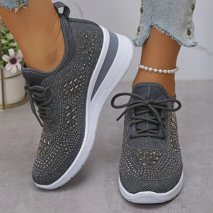 Rhinestone Mesh Lace Up Wedge Sneakers