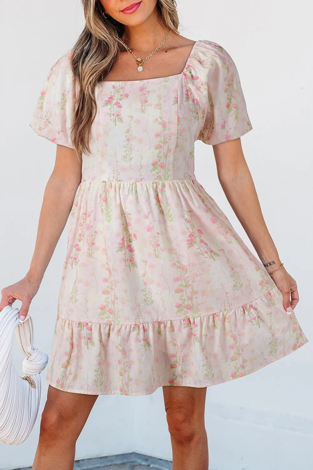 Floral Print Square Neck Puff Sleeve Ruffle Hem A-Line Mini Dress 4