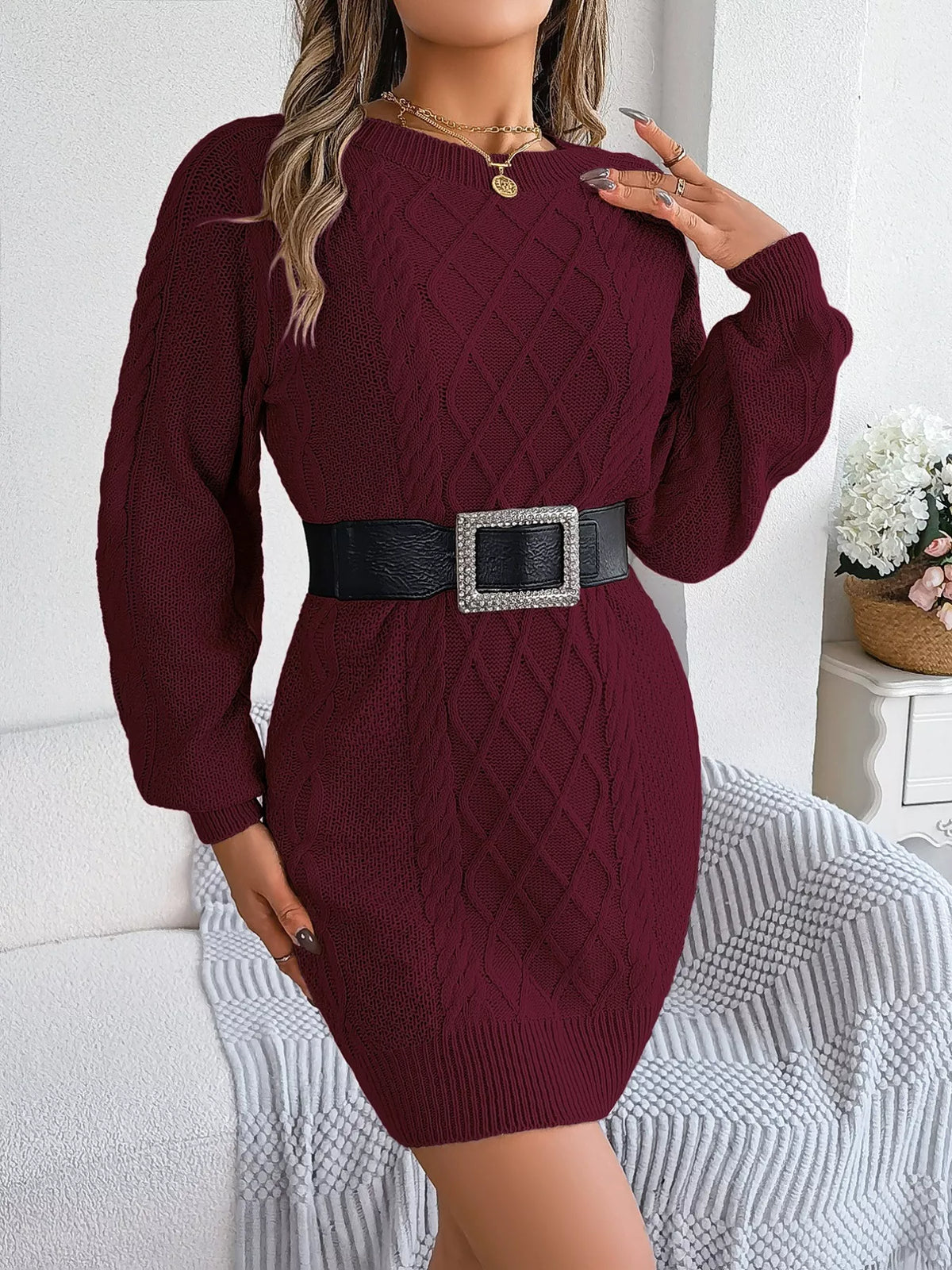 Diamond Cable Knit Crew Neck Long Sleeve Mini Sweater Dress 13