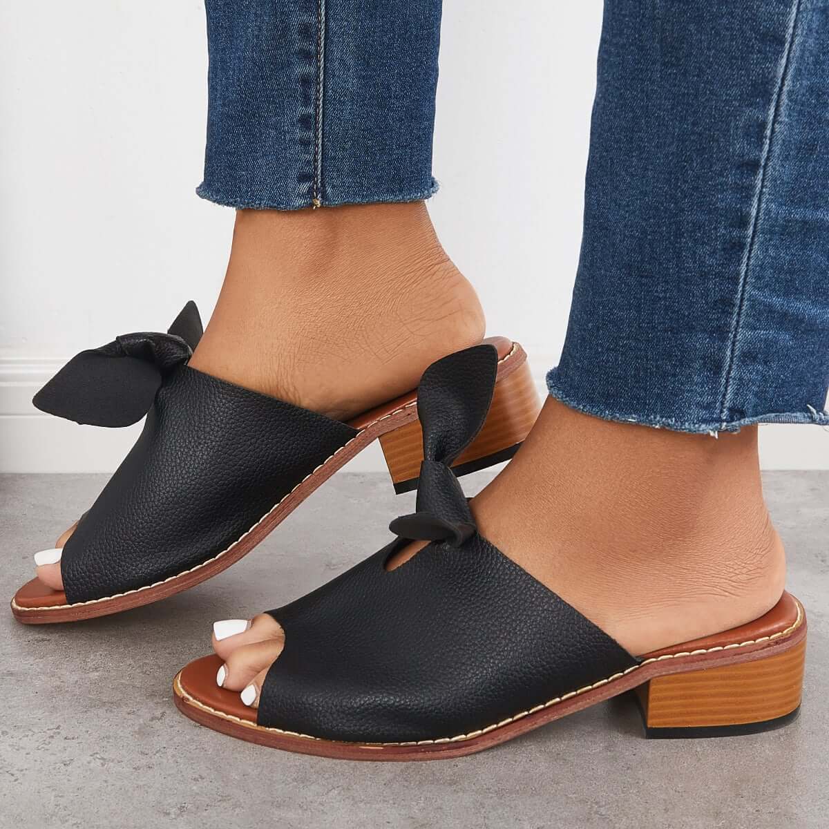 Womens Fashion Peep Toe Low Heel Bow Slippers