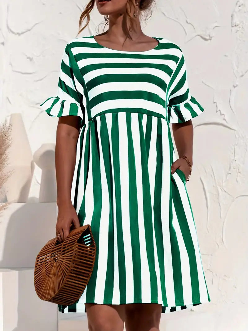 Striped Round Neck Ruffle Short Sleeve Empire Waist Smock Dress 9