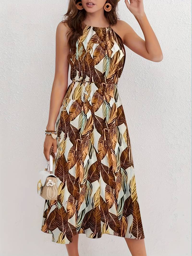 Jocelyn Boutique Halterneck Beach Dress with Leaf Pattern Premium Wardrobe Essential