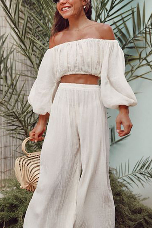 Off Shoulder Ruched Crop Top Pants Sets