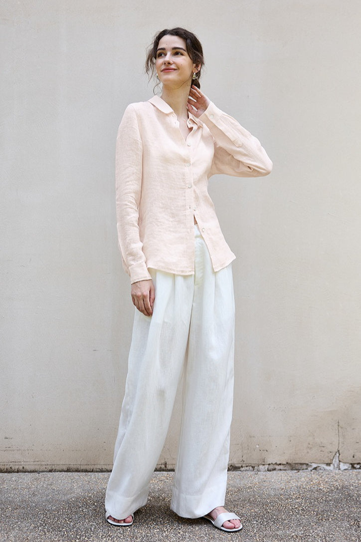 Semi Sheer Linen Look Collared Long Sleeve Slim Button Front Shirt 7