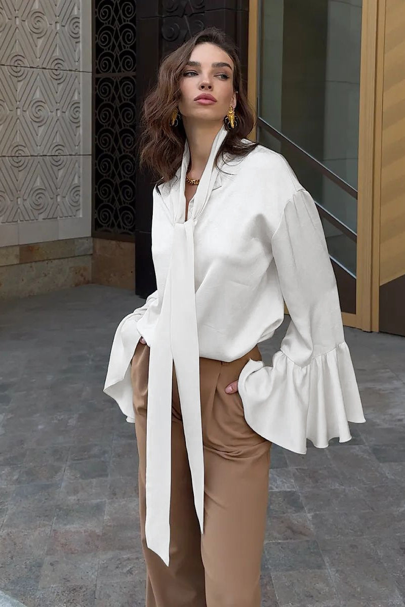 Tie Neck Ruffle Flare Cuff Long Sleeve Satin Blouse