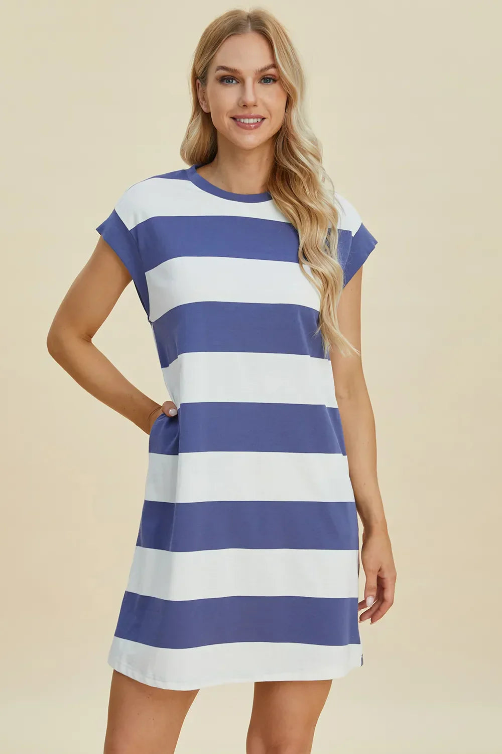 Striped Sleeve Mini Dress = Round Neck Dusty Blue