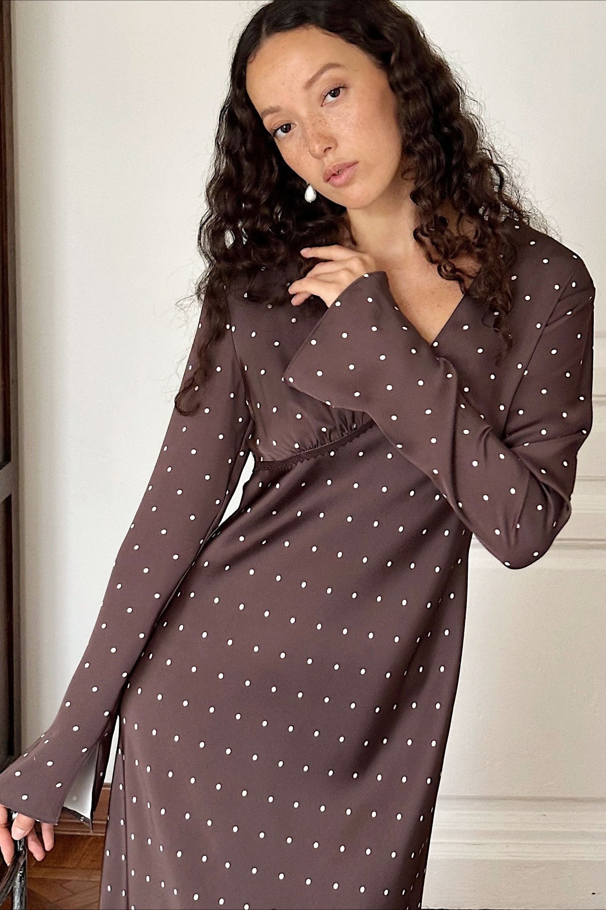 Satin Polka Dot V Neck A Line Midi Dress - View 3