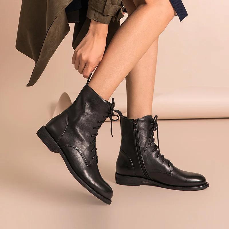 Ankle Boots Women Genuine Cow Leather Waxing Round Toe Lace Up Zip Fashion Motorcycle Female Shoes Handmade