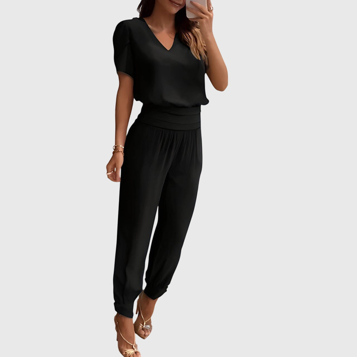 V-Neck Top and Geometric Print Pants Two Piece Set