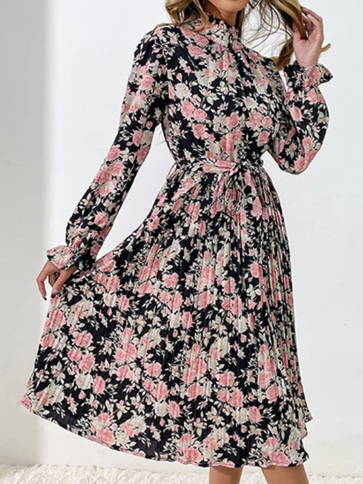 Floral Print Ruffle Mock Neck Long Sleeve Belted Pleated Midi Dress 7