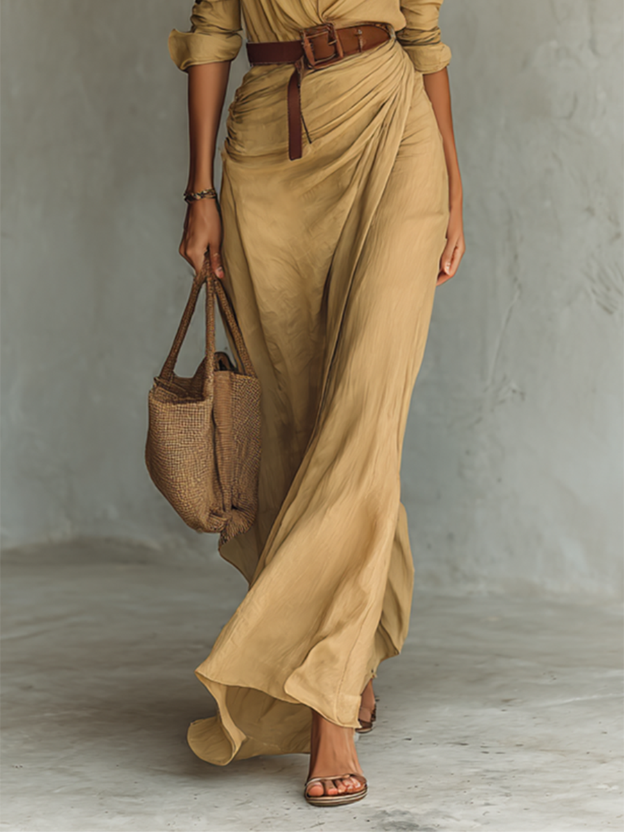 Collared Long Sleeve Shirt and Wrap Maxi Skirt Two Piece Set