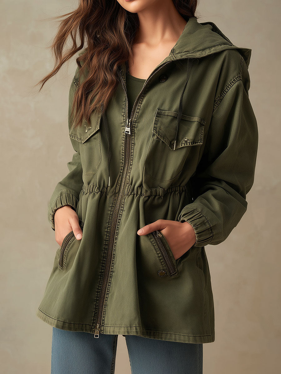 Casual Olive Green Utility Cargo Jacket  With Drawstring Waist