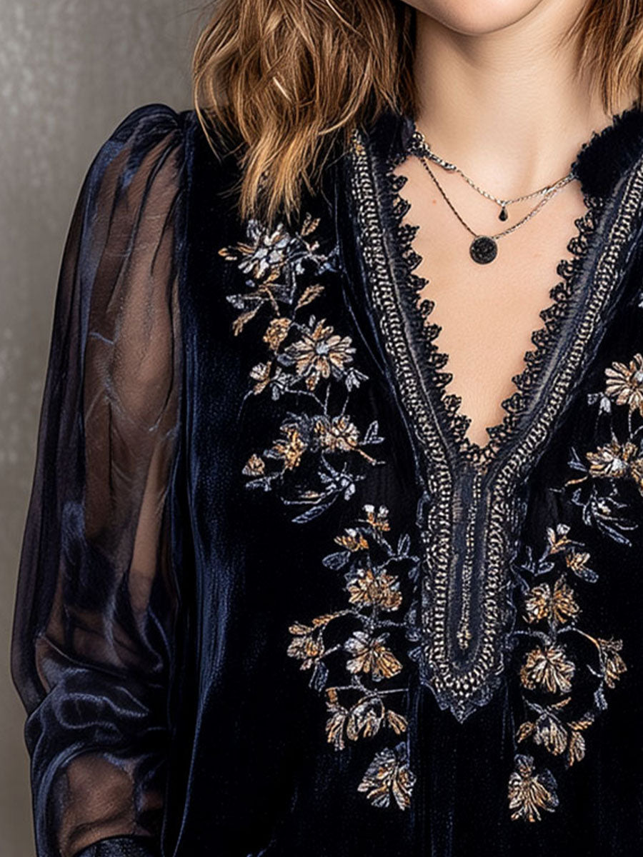 Embroidered Floral Navy Velvet Blouse With Shinning Sheer Sleeves