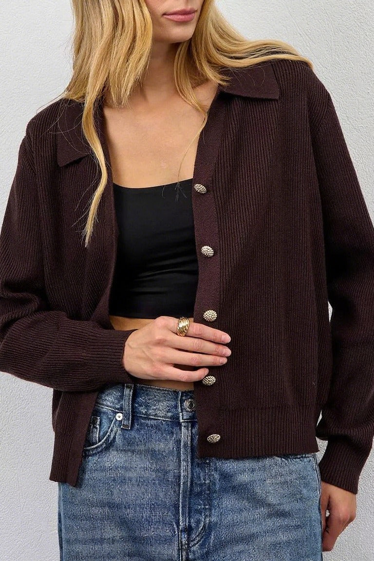 Collared V-Neck Long Sleeve Ribbed Knit Button Front Cardigan