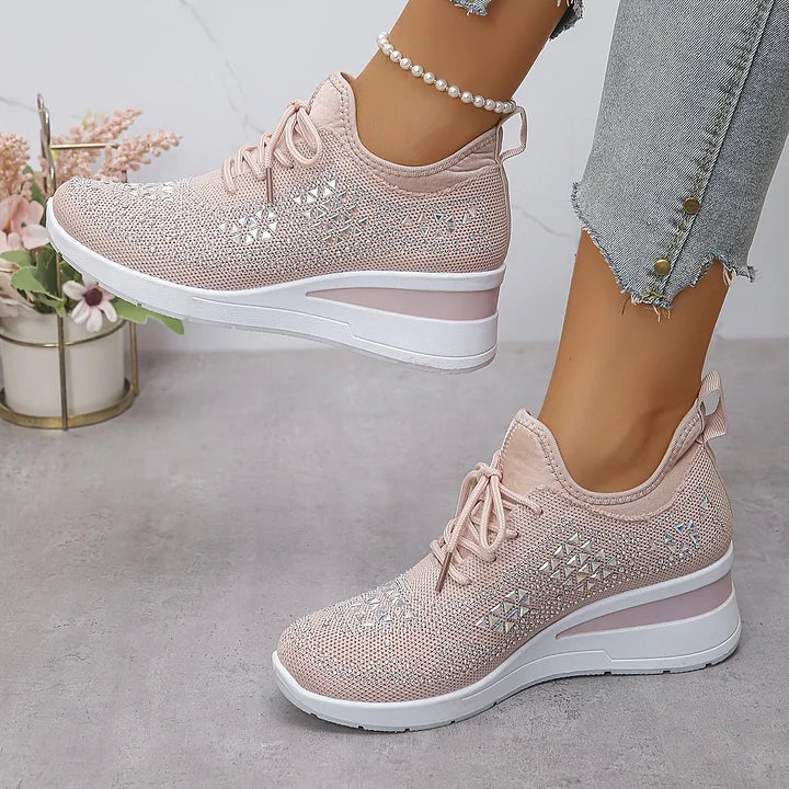 Rhinestone Mesh Lace Up Wedge Sneakers