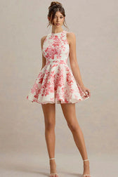 High-Waist Backless Floral Mini Dress