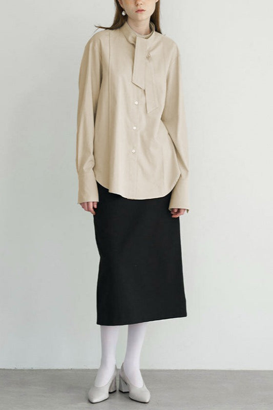 Tie Neck Stand Collar Long Sleeve Split Cuff Button Front Blouse 6