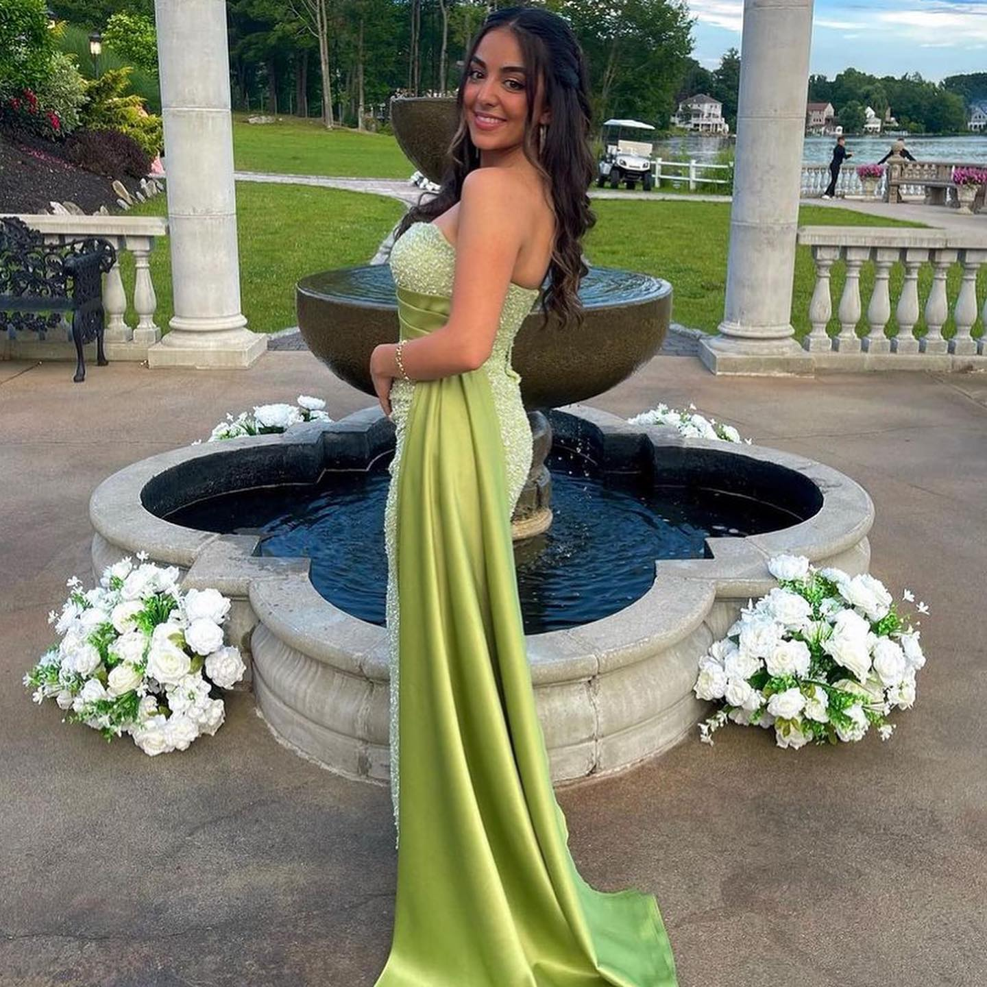 Amazing One Shoulder Sequins Satin Split Prom Dress Sexy Party Evening Dress cc1690