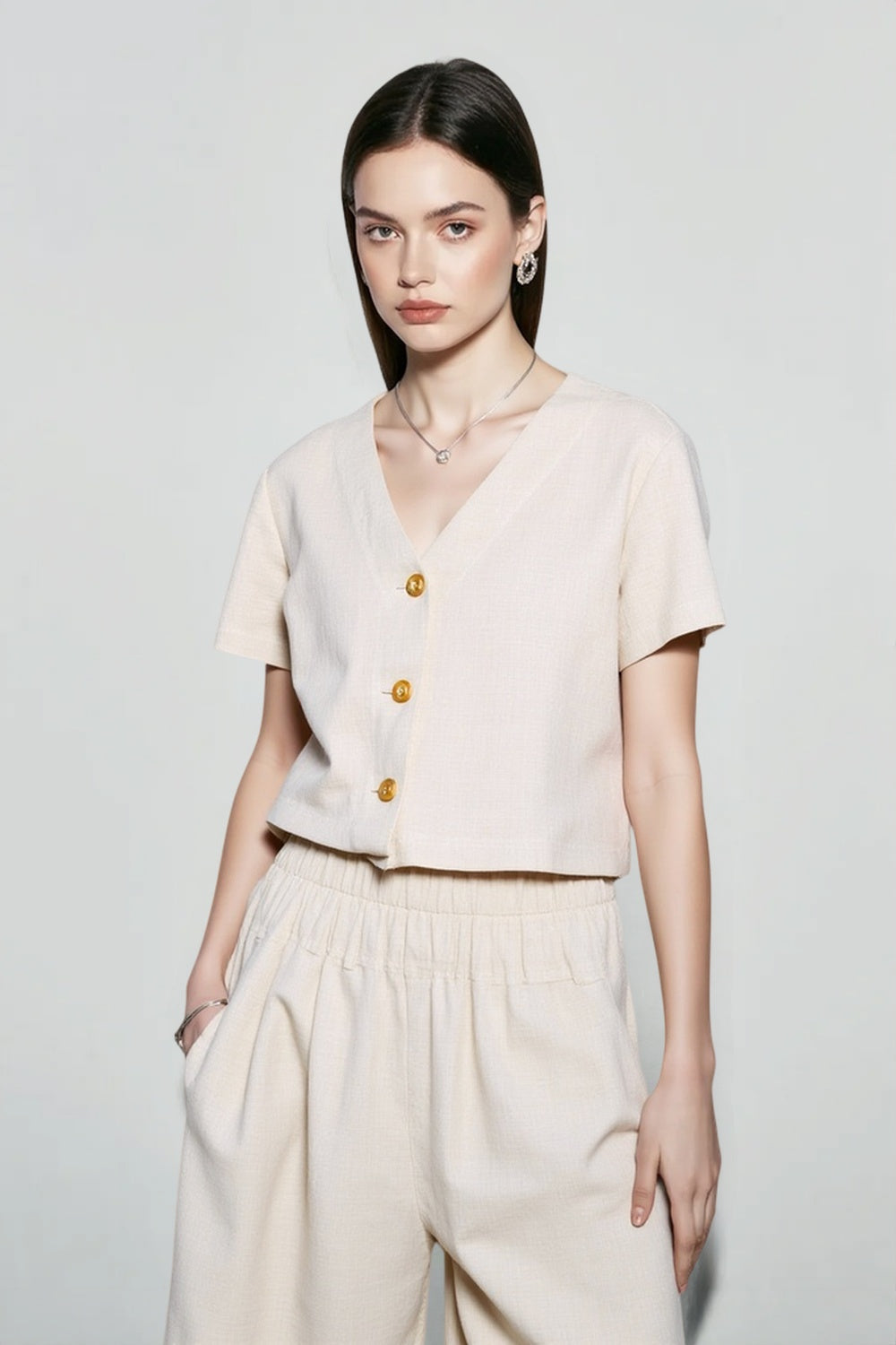 V-Neck Short Sleeve Contrast Placket Button Front Crop Top 3