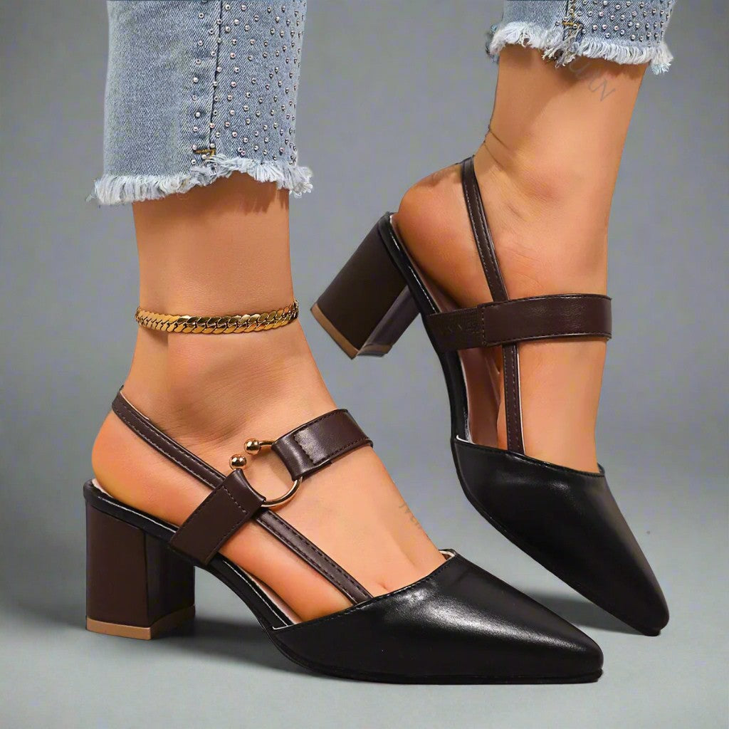 Pointed Toe Buckle Slingback Block Heel Pumps