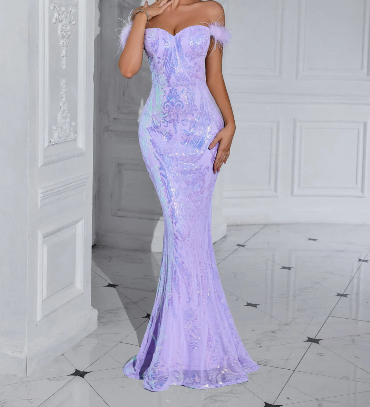 Sequin Off Shoulder Faux Feather Strap Sweetheart Mermaid Gown 2