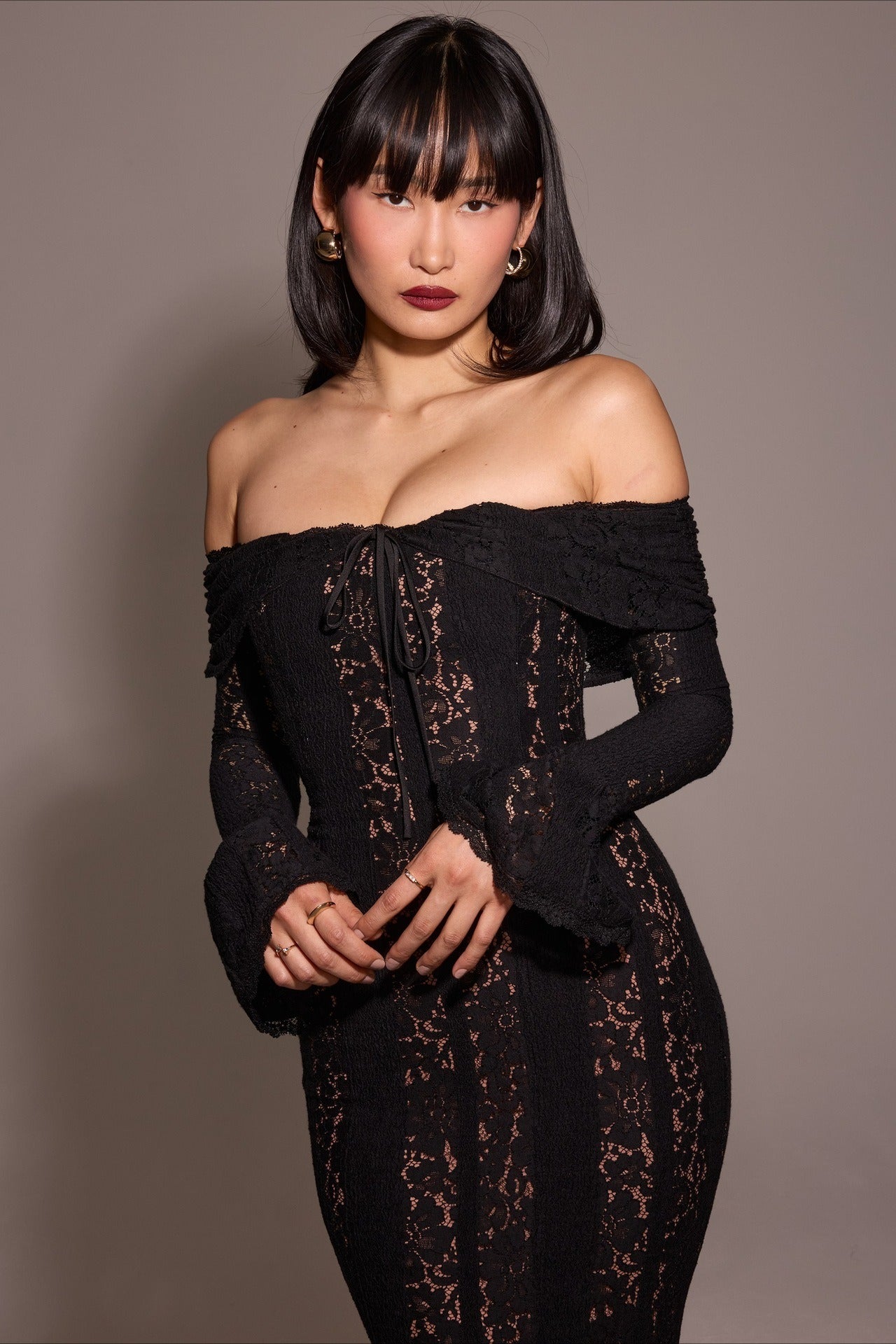 High-Waist Off-the-Shoulder Lace Dress