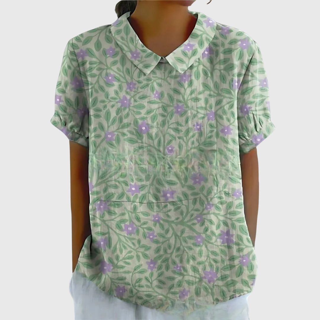 Floral Print Notch Neck Short Sleeve Linen Blouse 8