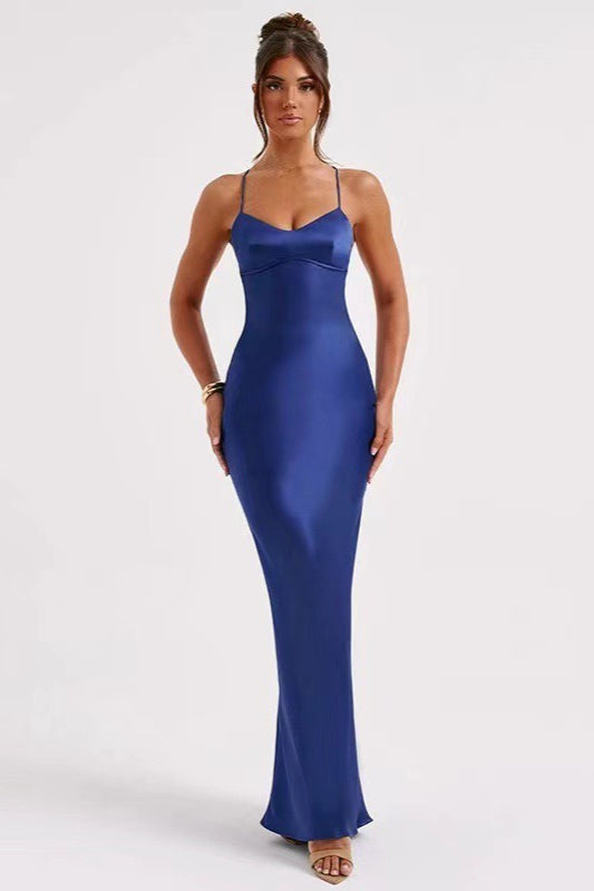 Satin Scoop Neck Spaghetti Strap Lace Up Back Bias Cut Slip Maxi Dress