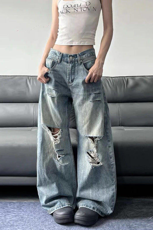 High Waist Ripped Wide-Leg Jeans