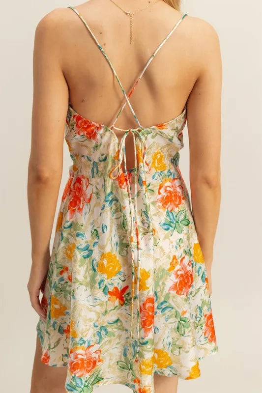 Floral Print Satin Cowl Neck Spaghetti Strap Flared Mini Dress 6