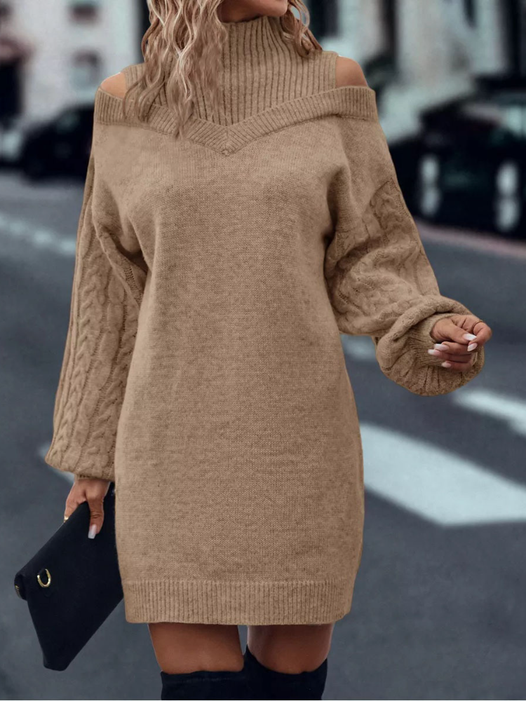 High Neck Cold Shoulder Long Sleeve Sweater Mini Dress 3