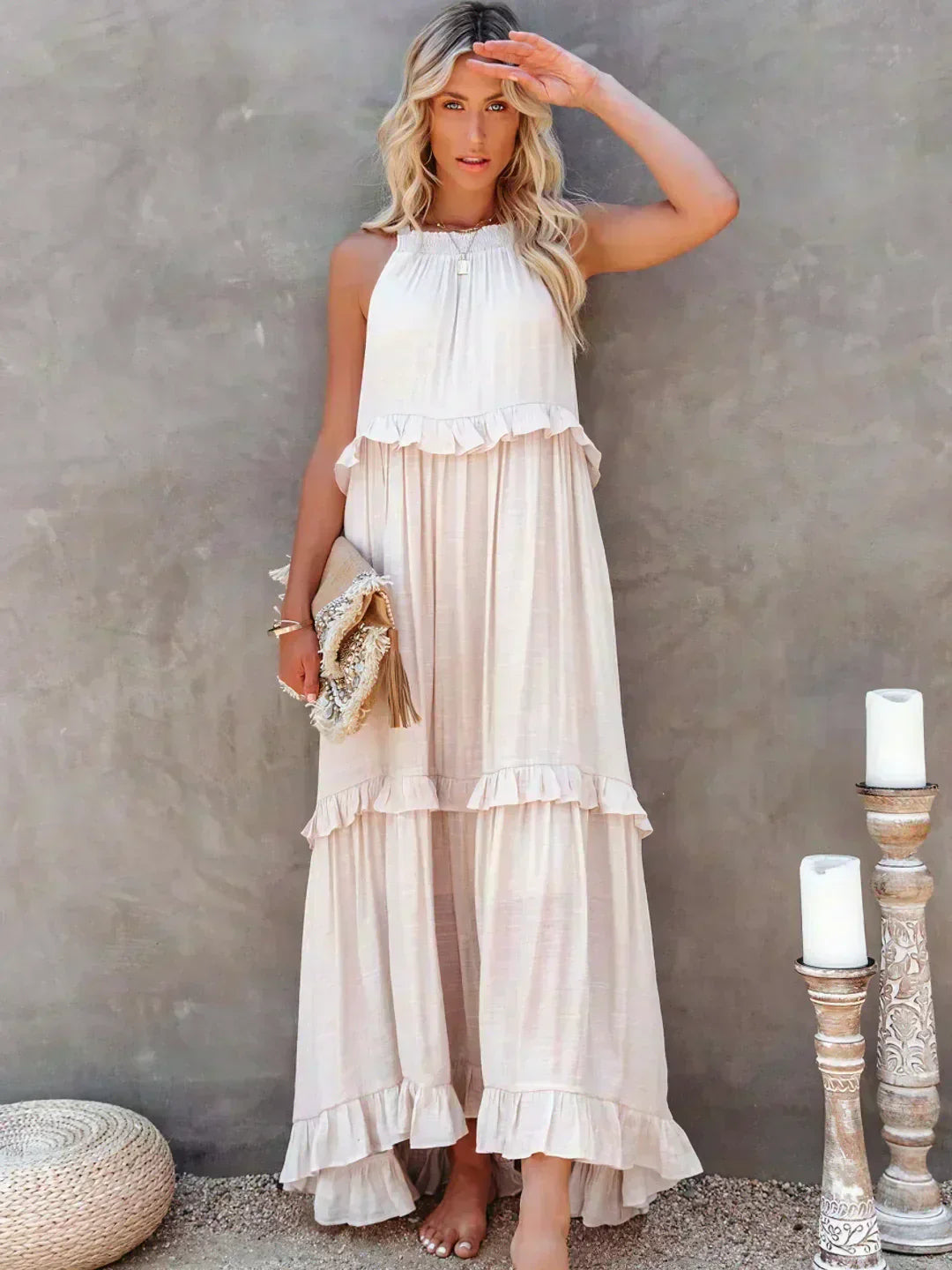 Delilah - Elegant Halter Neck Ruffle Trim Dress Beige