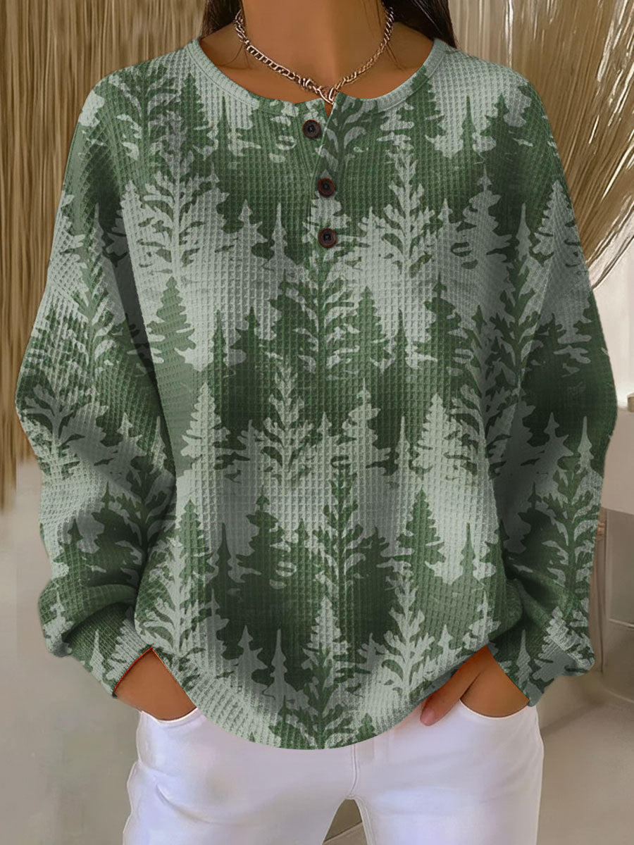 Tree Print Waffle Knit Button Henley Sweatshirt