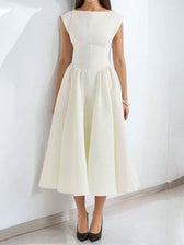 Satin Boat Neck Cap Sleeve Fit and Flare Midi Dress 2
