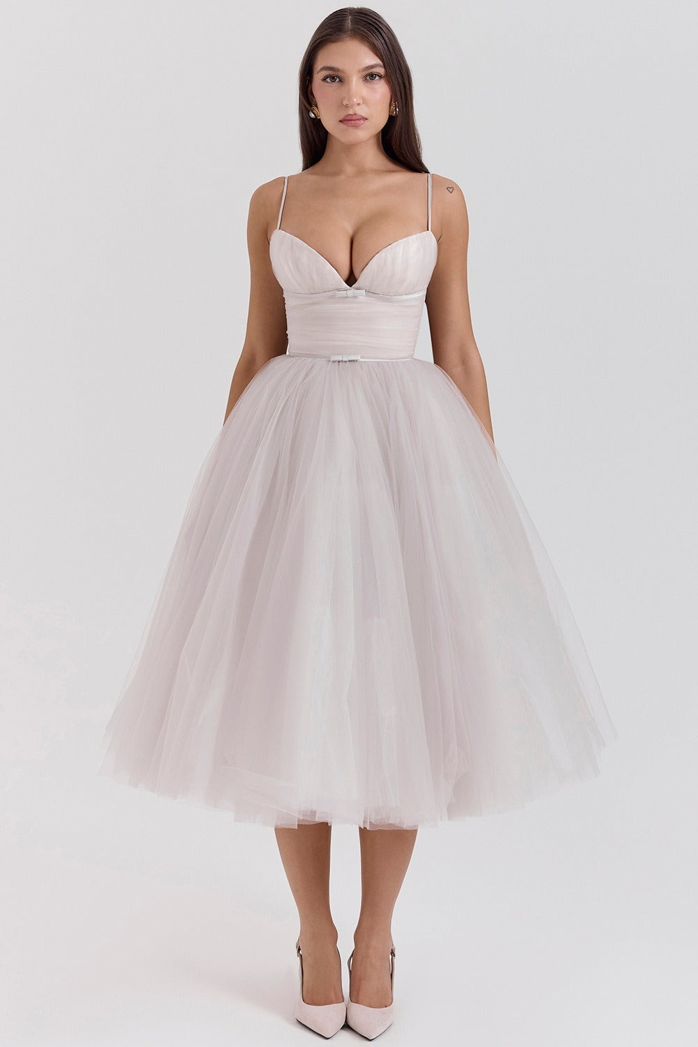 Tulle Sweetheart Spaghetti Strap Corset Fit and Flare Midi Dress